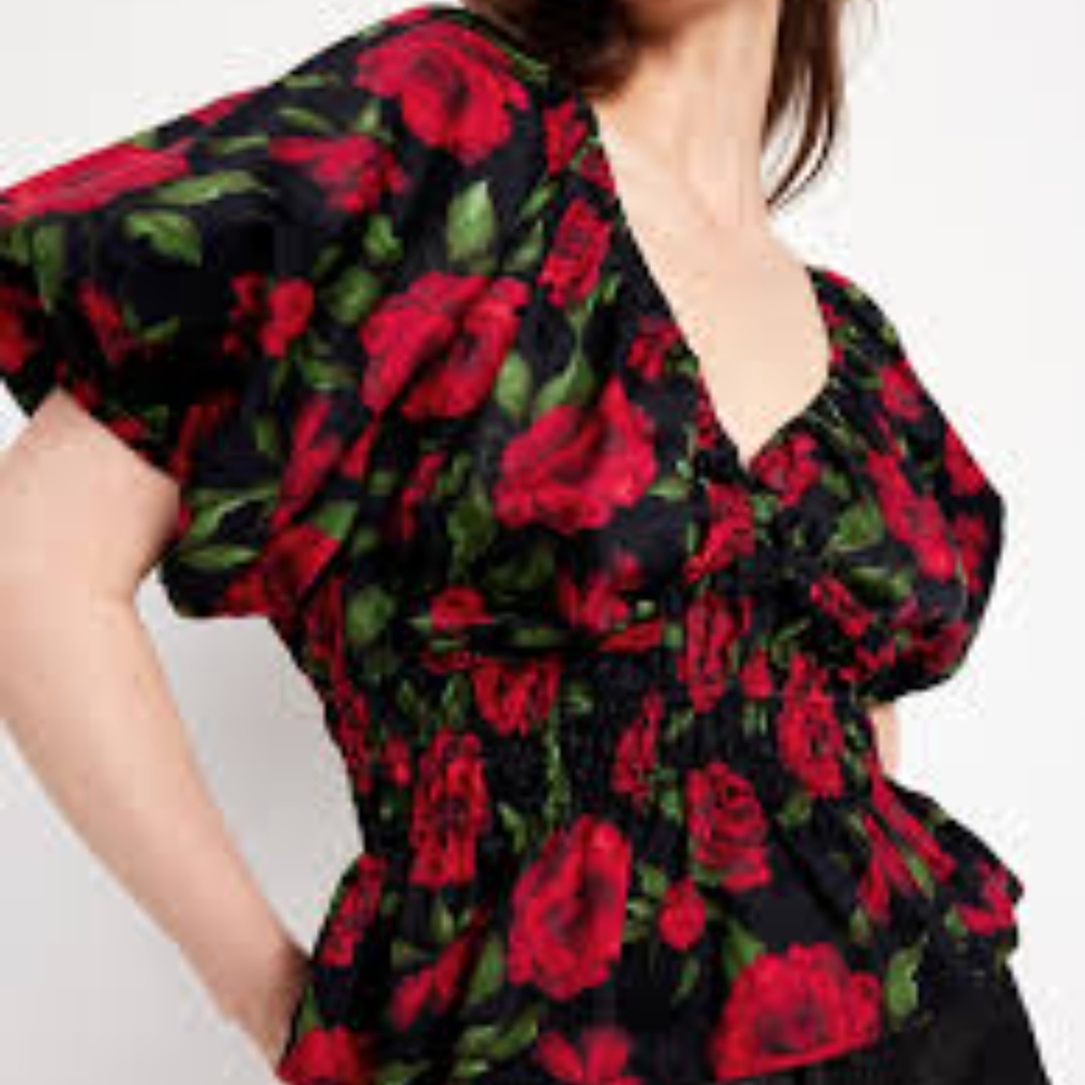 Old Navy Red and Black Smocked Peplum Blouse